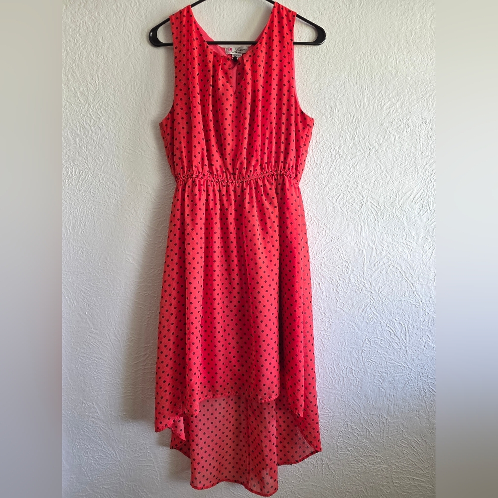 Love Coral High Low Dress with Black Dots